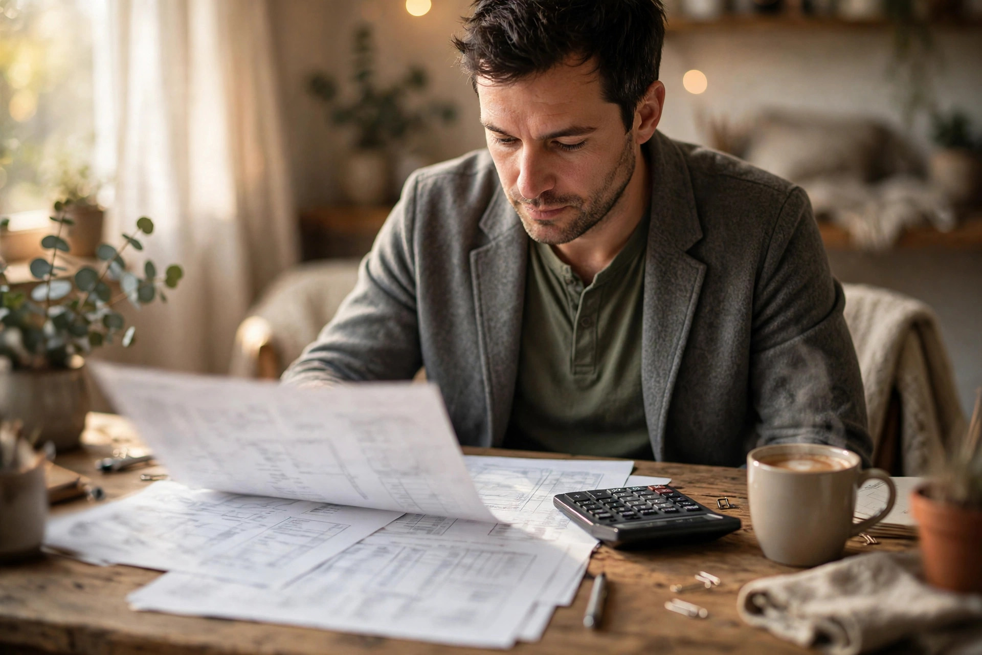 Founder reviewing cash-flow spreadsheets with a calculator