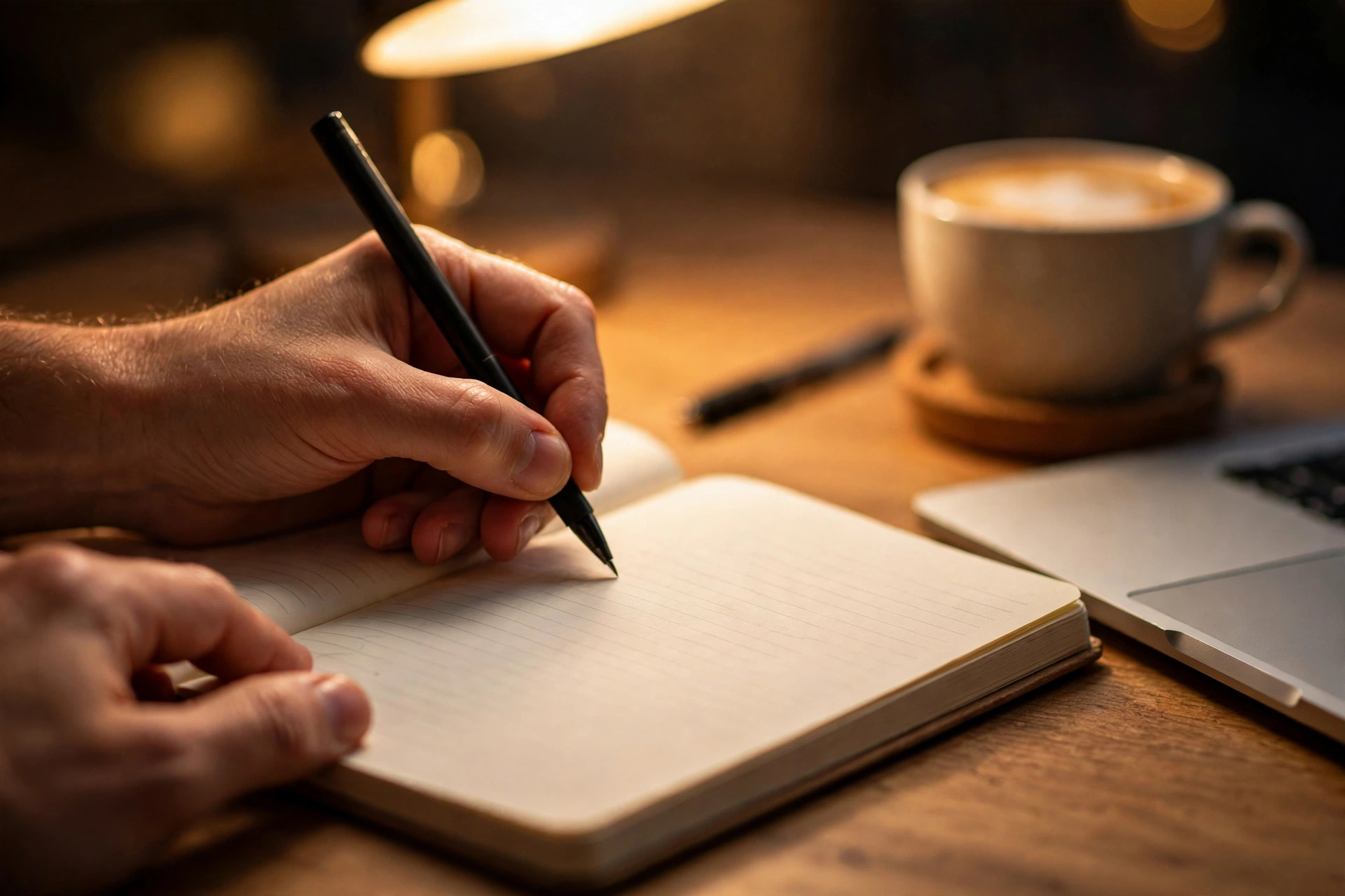 Hands writing pricing plans in a notebook beside a laptop