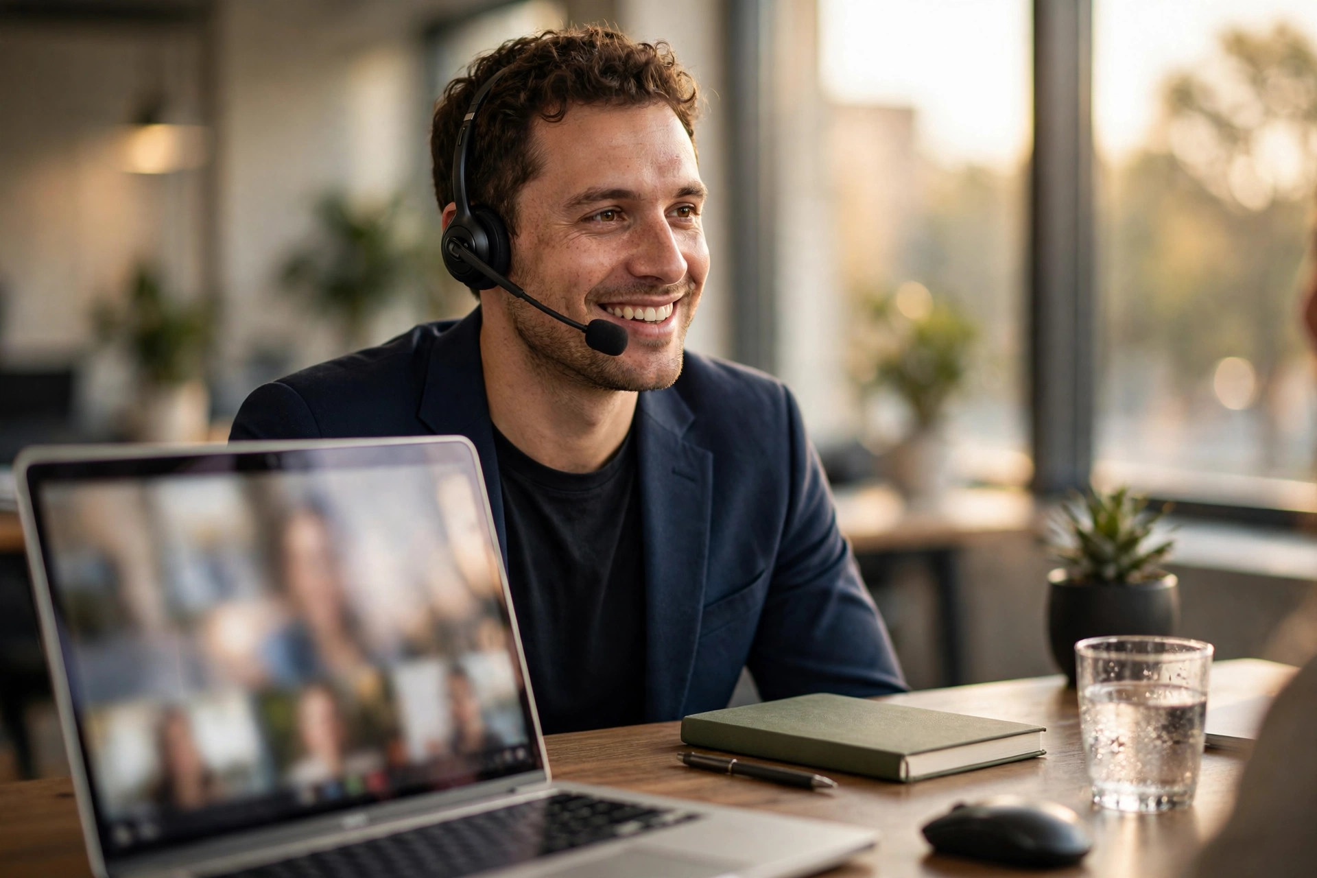 Sales representative wearing a headset on a video call