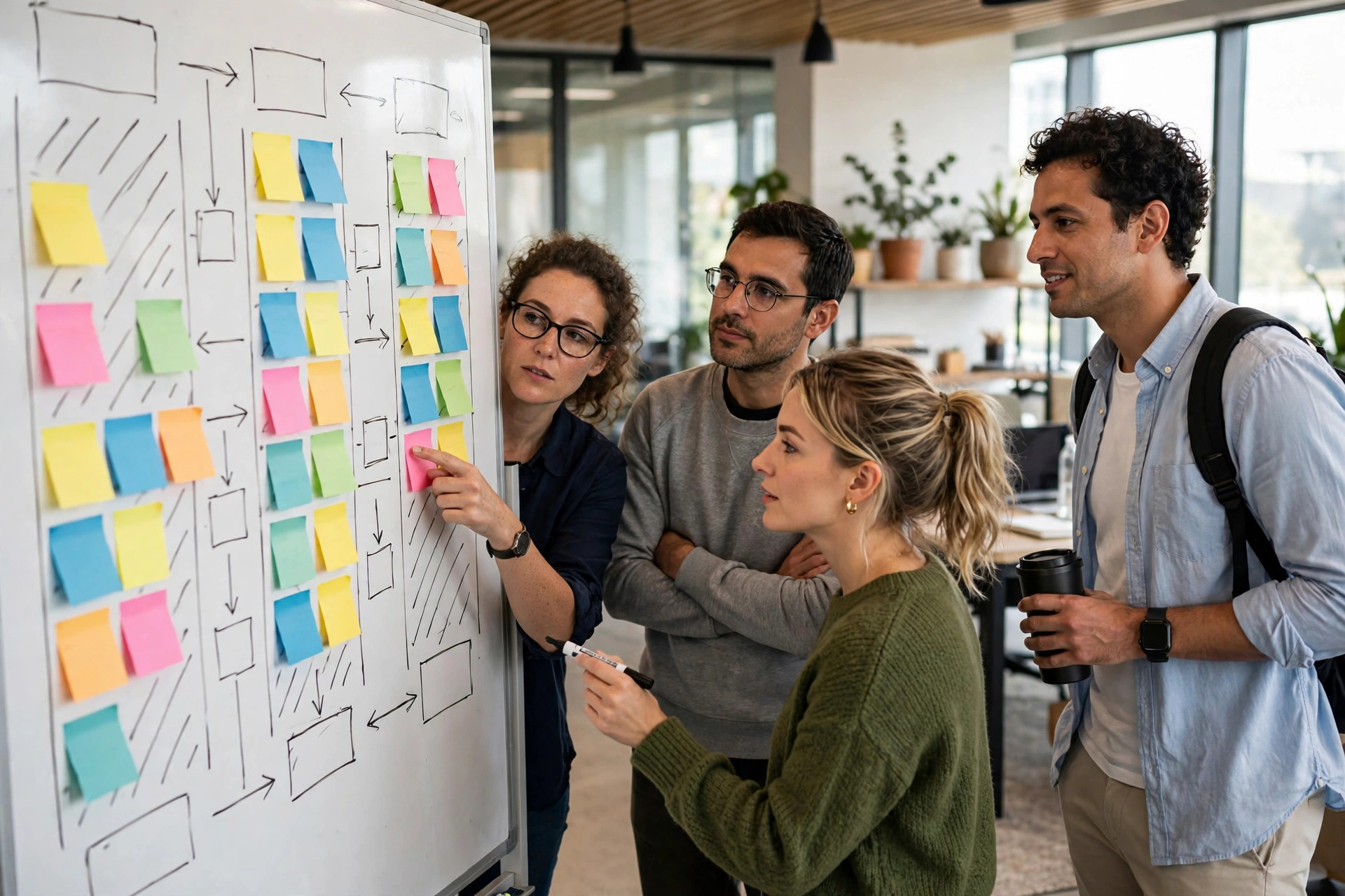Sales team reviewing a pipeline on a whiteboard with sticky notes