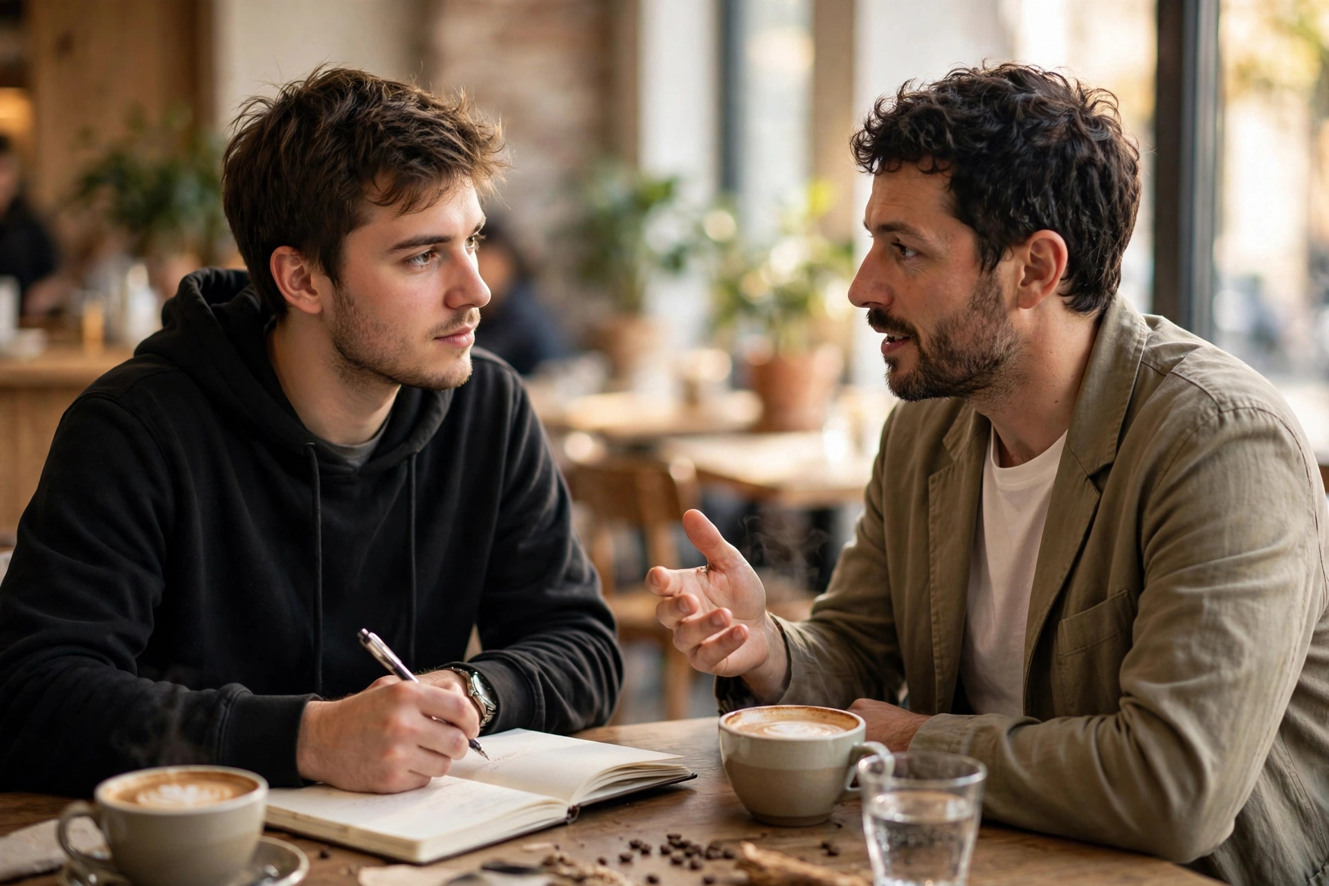 Founder interviewing a customer over coffee, taking notes