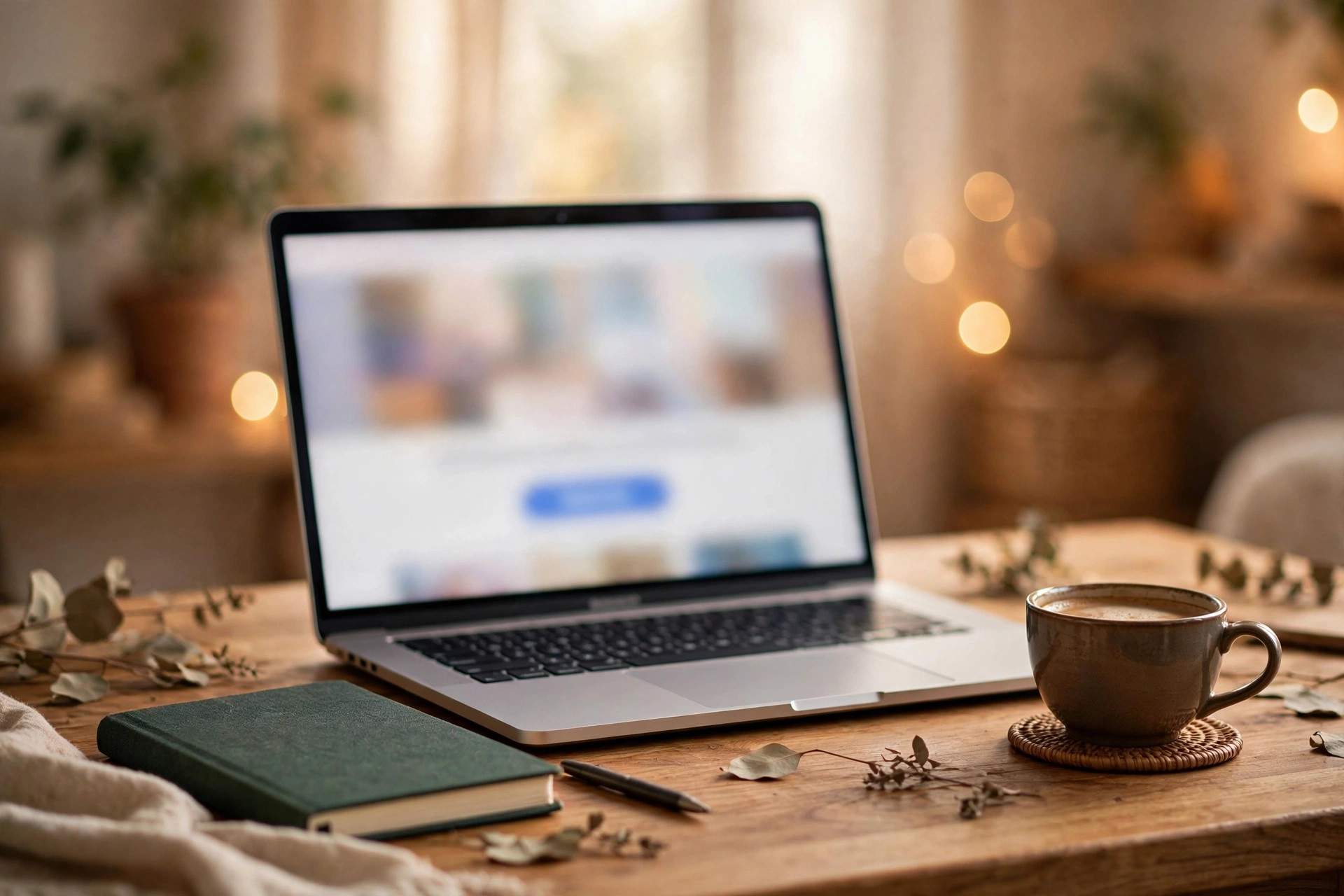 Laptop showing a simple landing page with a signup form on a desk